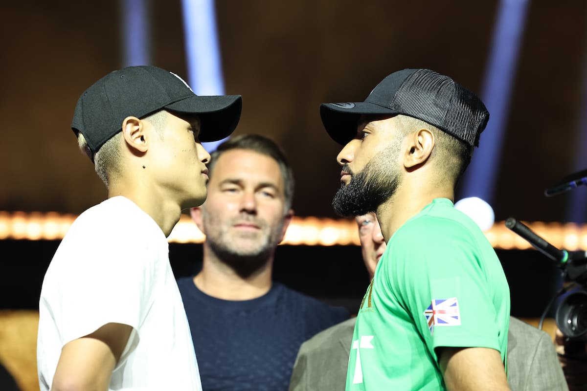 Hayato Tsutsumi and Qais Ashfaq during the press conference ahead of their boxing bout in Riyadh, Saudi Arabia