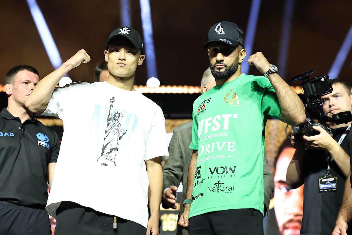 Hayato Tsutsumi and Qais Ashfaq during the press conference ahead of their boxing bout in Riyadh, Saudi Arabia