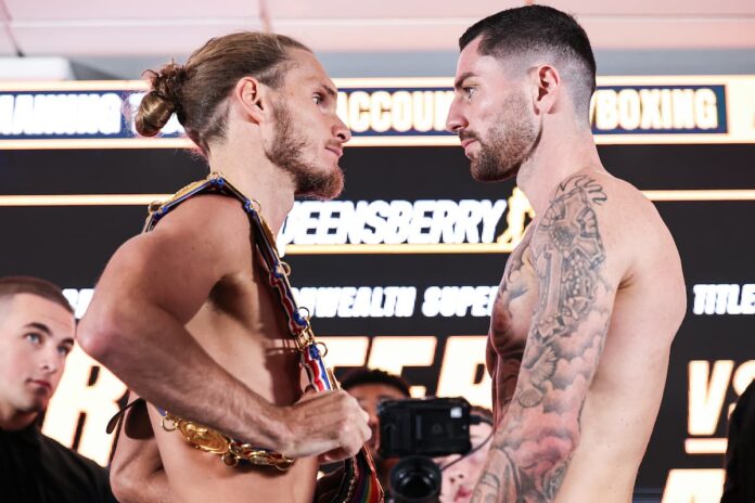 Jack Rafferty and Mark Chamberlain face off at the weigh-in, ahead of their boxing bout at Planet Ice Altrincham