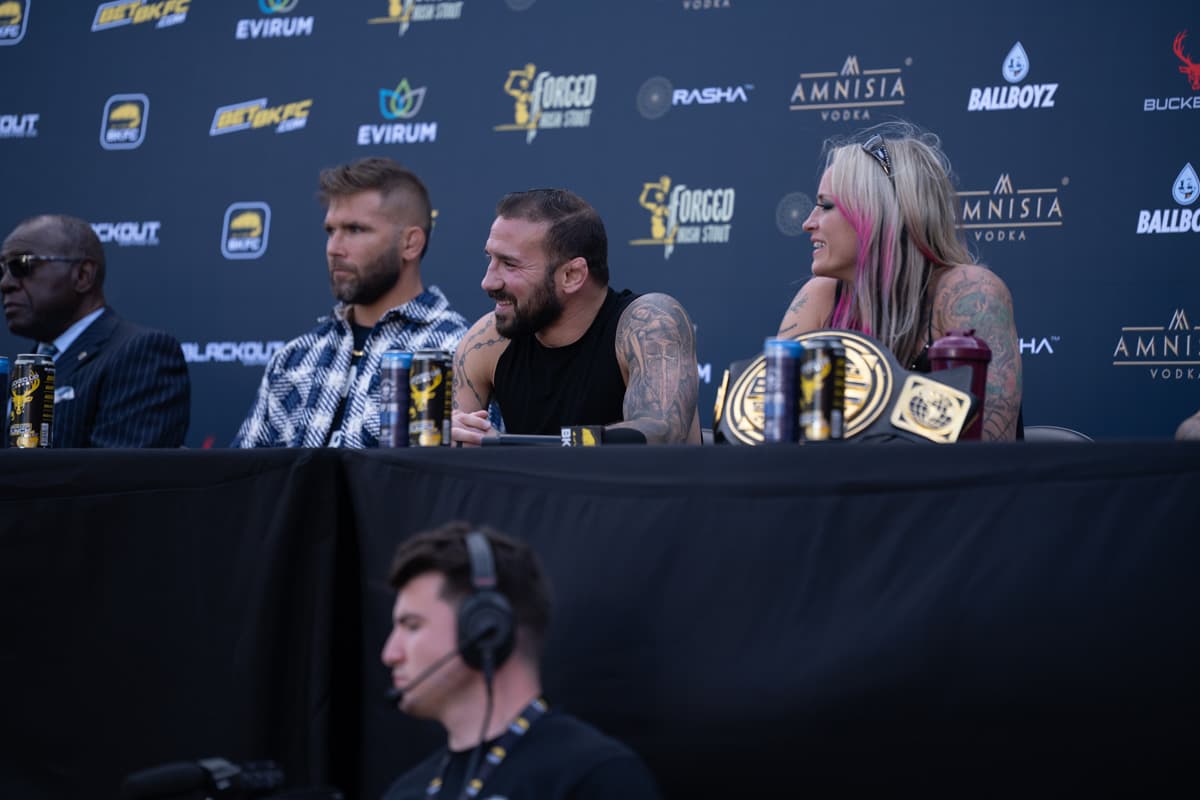 Jeremy Stephens, Jimmie Rivera, and Jessica Borga during the BKFC launch press conference in Newark, NJ