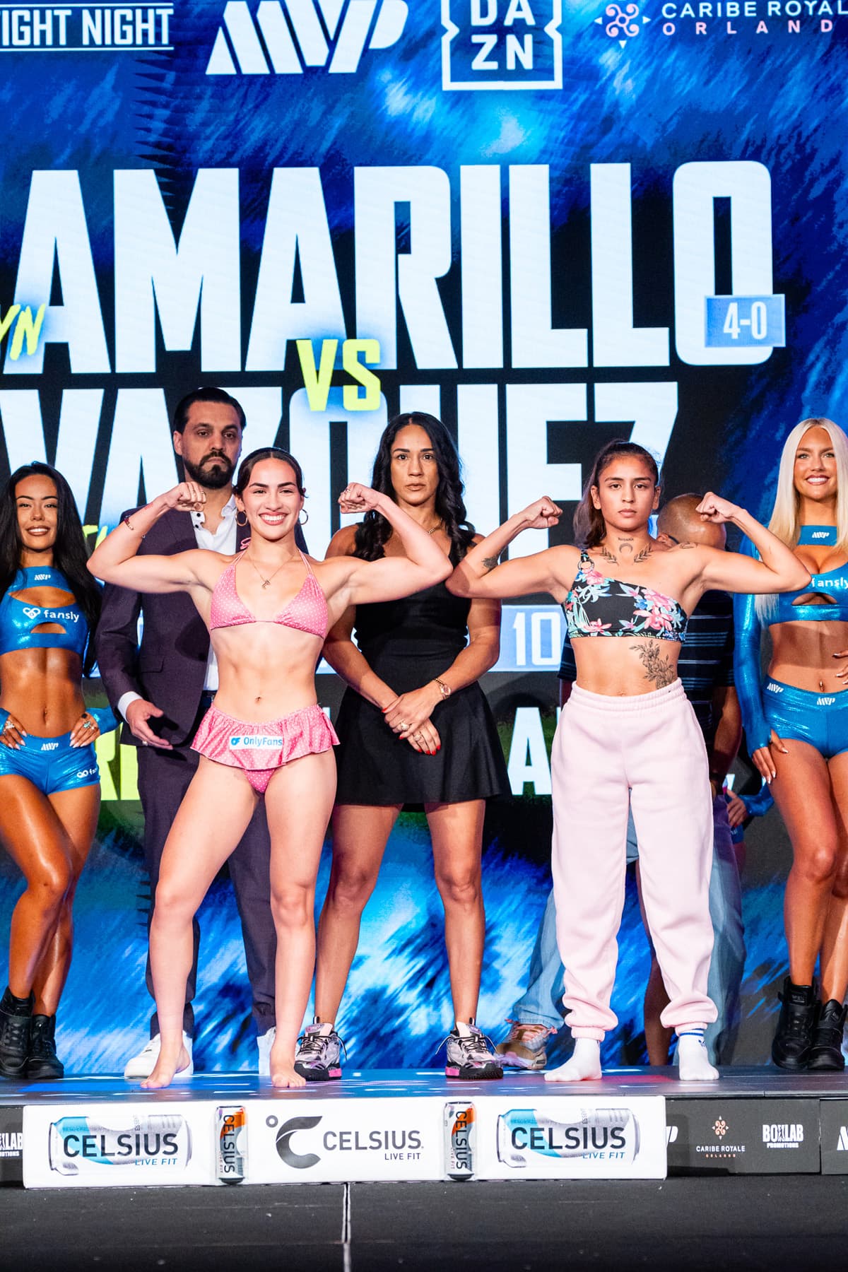 Jocelyn Camarillo and Agustina Solange Vazquez during the weigh-in ahead of their boxing bout at Caribe Royale Orlando