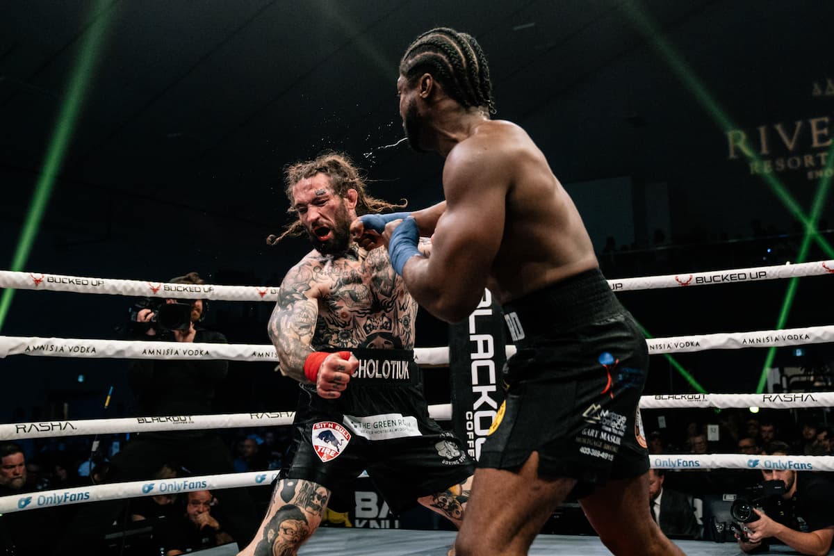 Kimani Crawford punches Matthew Socholotiuk during their bout at BKFC Fight Night Edmonton