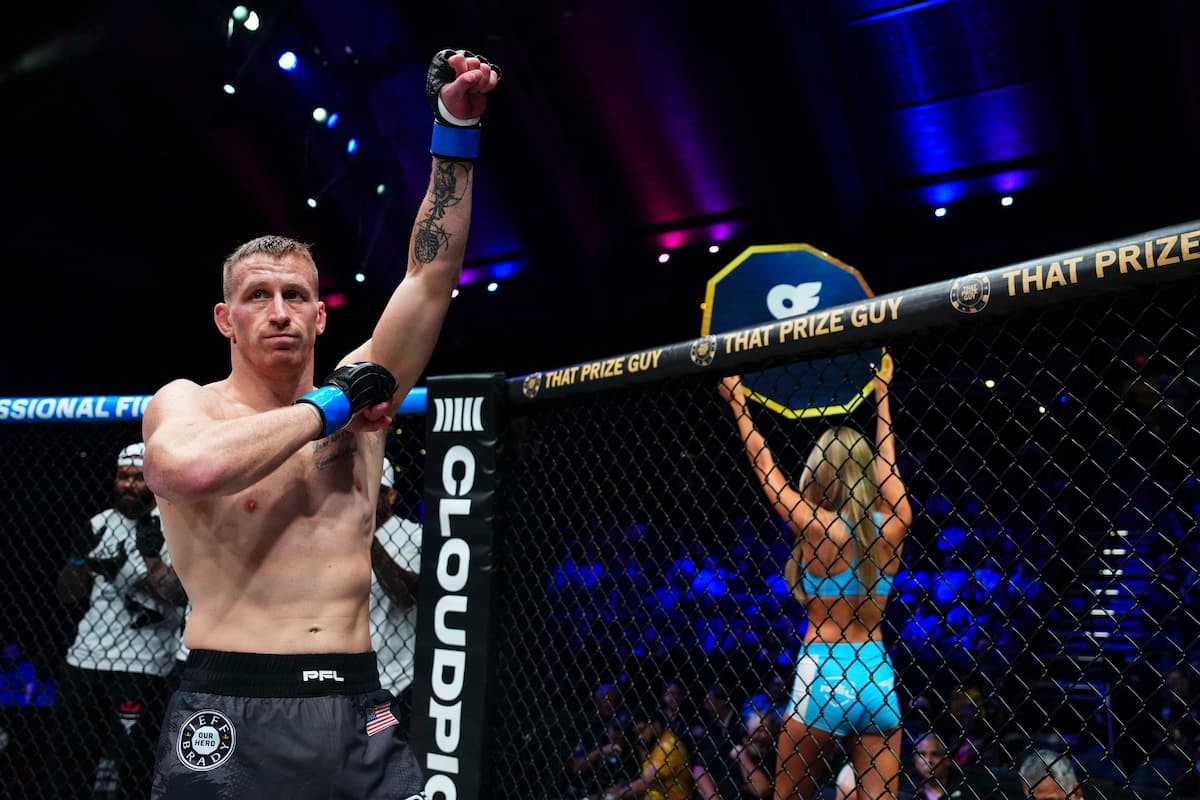 Kyle Driscoll during his bout against Husein Kadimagomaev at PFL 8 in Atlantic City