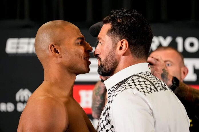 Levi Rigters and Jamal Ben Saddik face off at the Glory 103 weigh-in at Rotterdam Ahoy
