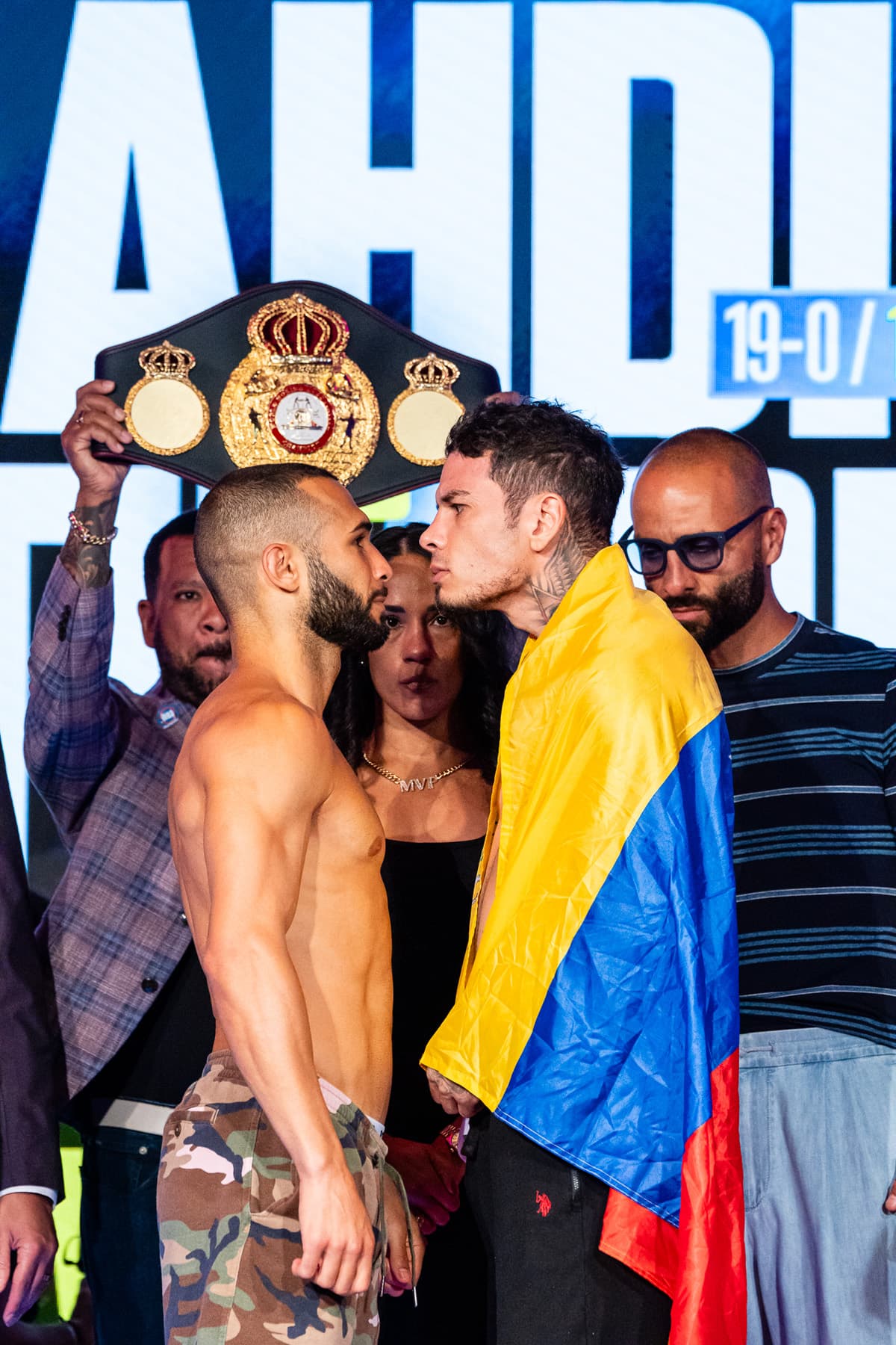 Lucas Bahdi and Roger Gutierrez during the weigh-in ahead of their boxing bout at Caribe Royale Orlando