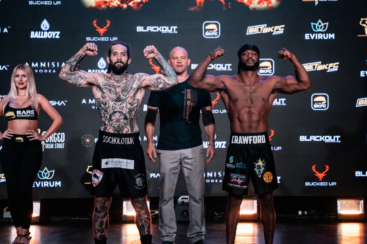 Matthew Socholotiuk and Kimani Crawford during the BKFC Edmonton weigh-in