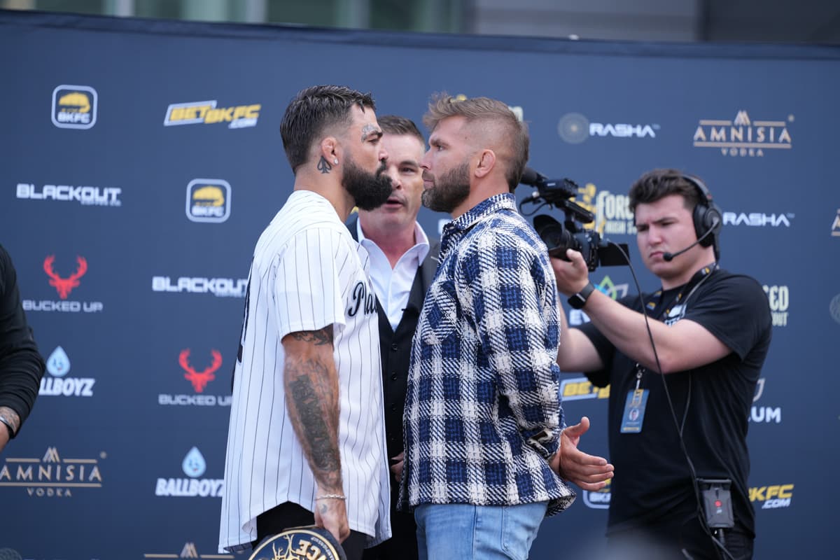 Mike Perry and Jeremy Stephens during the BKFC launch press conference in Newark, NJ