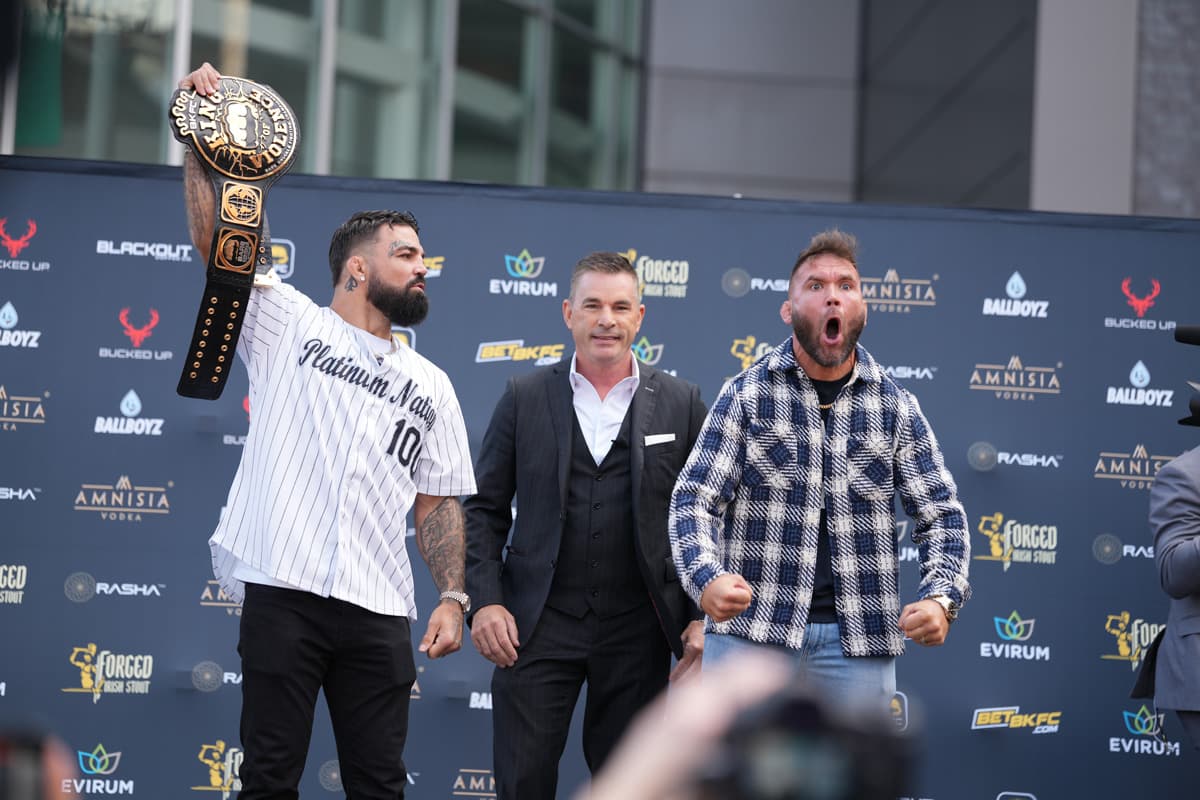 Mike Perry and Jeremy Stephens during the BKFC launch press conference in Newark, NJ