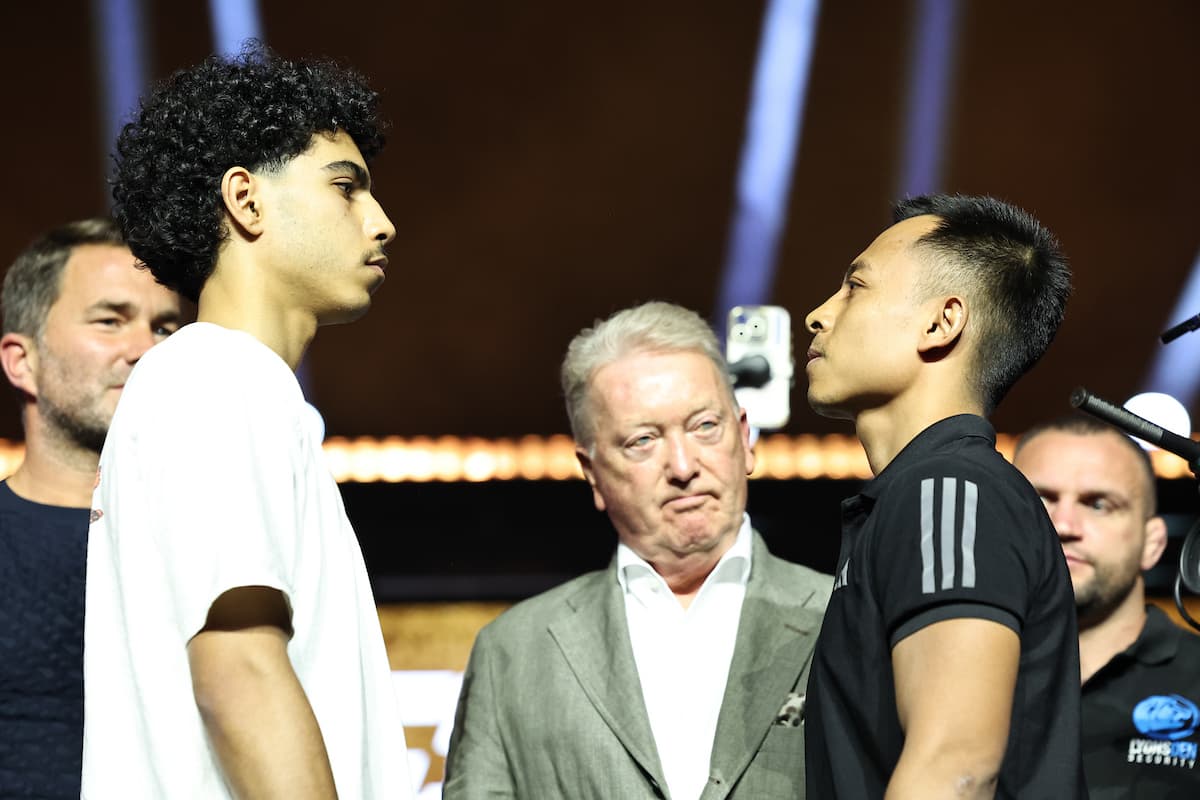 Mohammed Alakel and Yumnam Santosh Singh during the press conference ahead of their boxing bout in Riyadh, Saudi Arabia