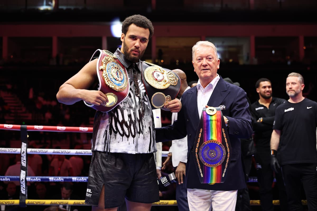 Moses Itauma and Frank Warren after Itauma's victory over Dillian Whyte