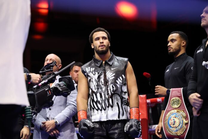 Moses Itauma is in the ring during his bout against Dillian Whyte in Riyadh, Saudi Arabia