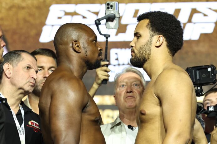 Moses Itauma and Dillian Whyte face off at the weigh-in, ahead of their boxing bout in Riyadh, Saudi Arabia