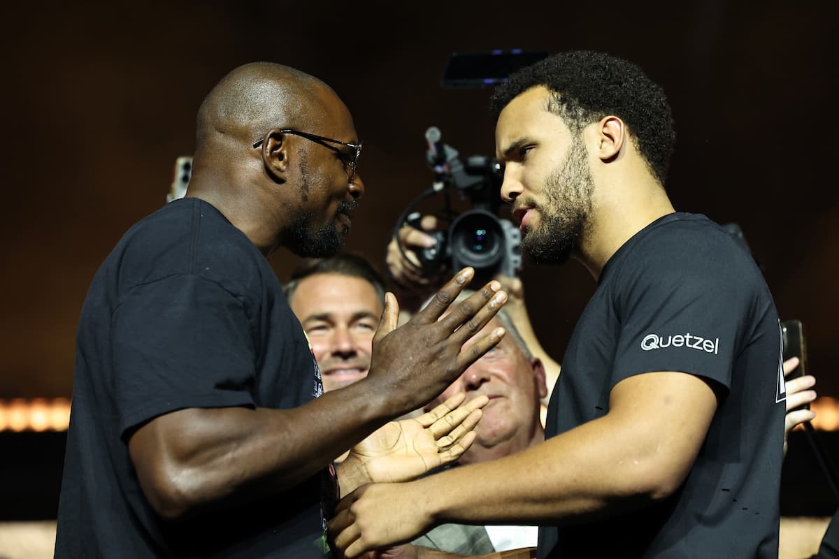 Moses Itauma and Dillian Whyte during the press conference ahead of their boxing bout in Riyadh, Saudi Arabia
