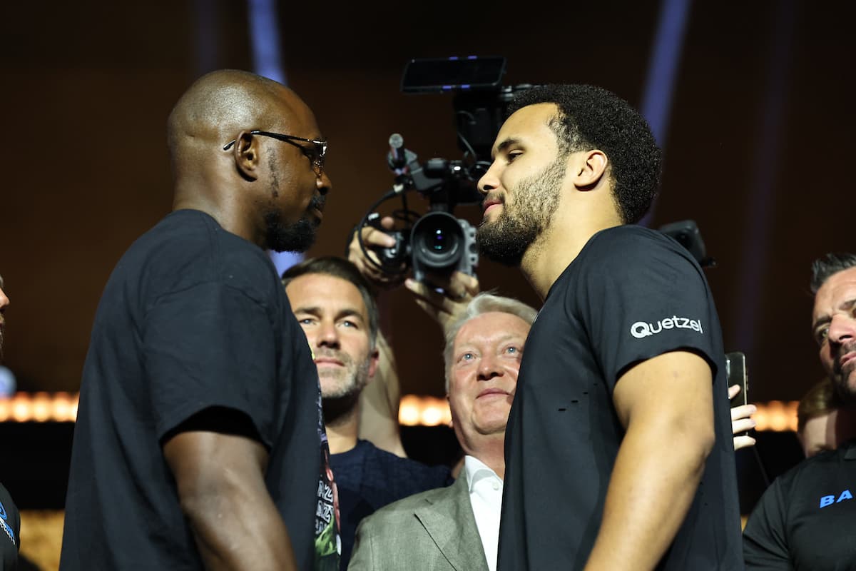 Moses Itauma and Dillian Whyte during the press conference ahead of their boxing bout in Riyadh, Saudi Arabia