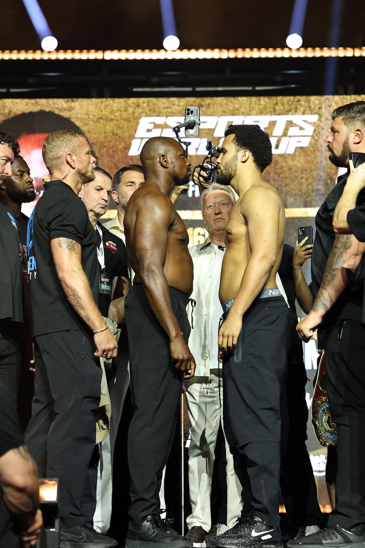 Dillian Whyte and Moses Itauma during the weigh-in ahead of their boxing bout in Riyadh, Saudi Arabia