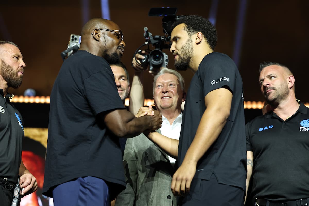 Moses Itauma and Dillian Whyte during the press conference ahead of their boxing bout in Riyadh, Saudi Arabia