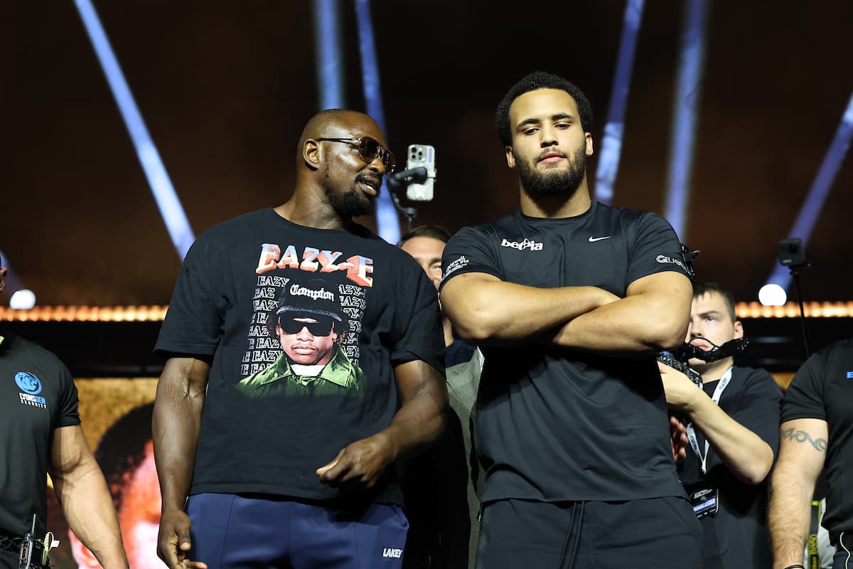 Moses Itauma and Dillian Whyte during the press conference ahead of their boxing bout in Riyadh, Saudi Arabia