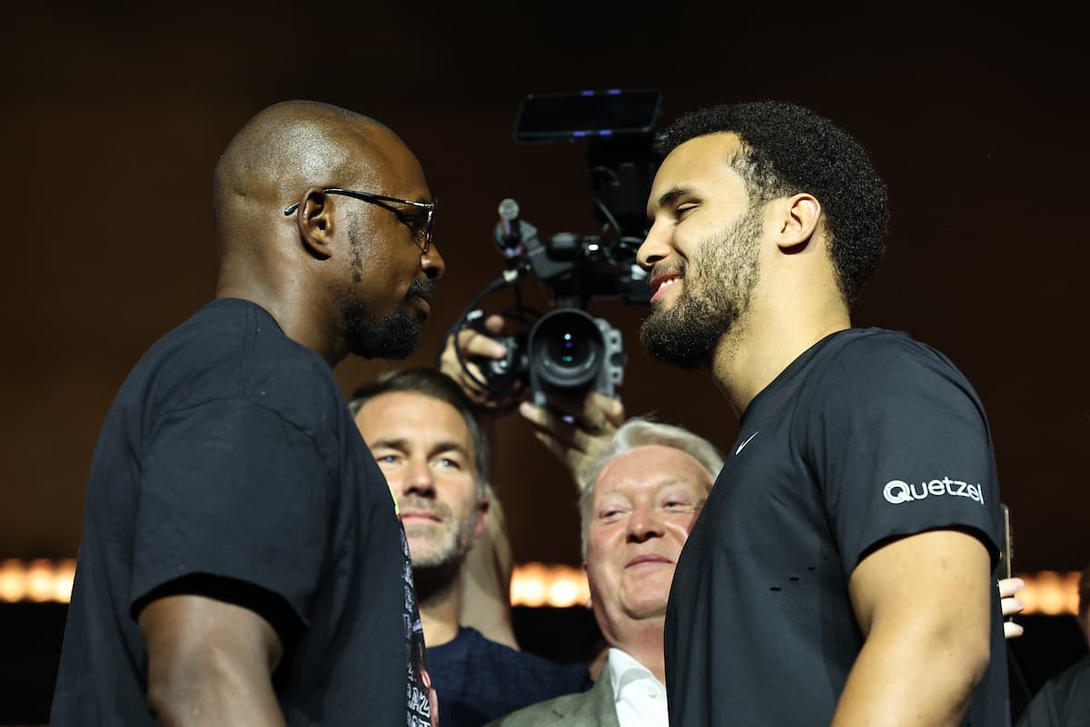 Moses Itauma and Dillian Whyte during the press conference ahead of their boxing bout in Riyadh, Saudi Arabia