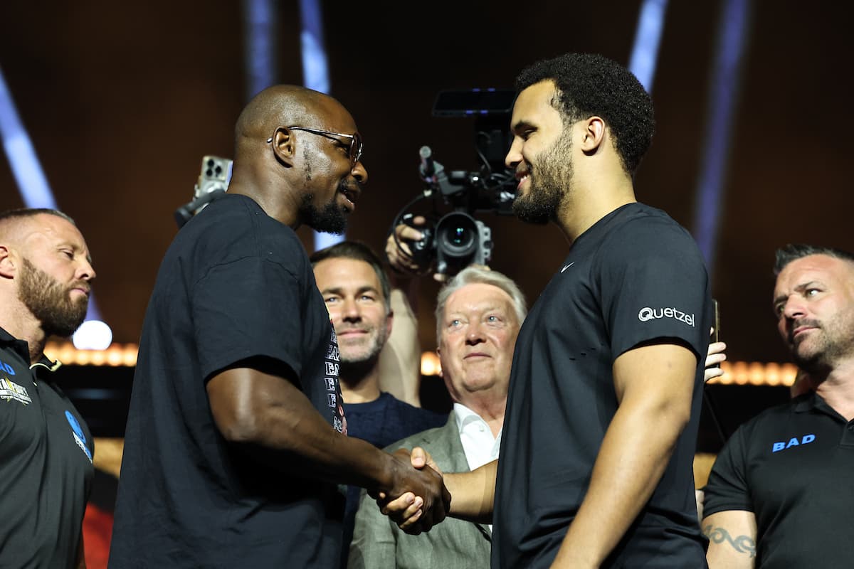 Moses Itauma and Dillian Whyte during the press conference ahead of their boxing bout in Riyadh, Saudi Arabia