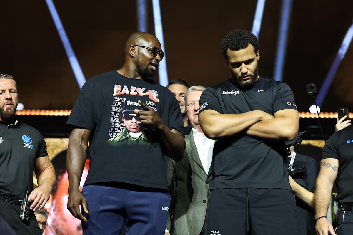 Moses Itauma and Dillian Whyte during the press conference ahead of their boxing bout in Riyadh, Saudi Arabia