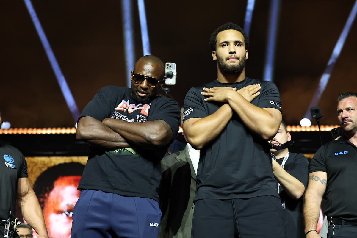 Moses Itauma and Dillian Whyte during the press conference ahead of their boxing bout in Riyadh, Saudi Arabia