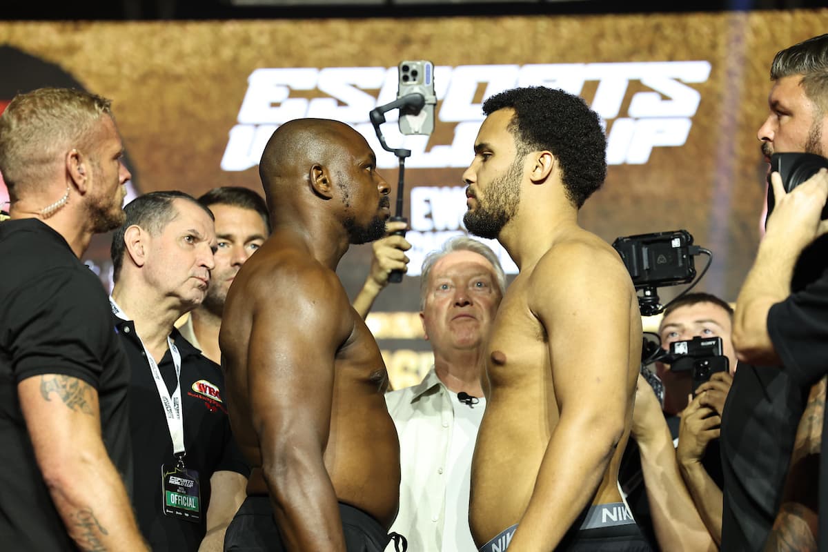 Dillian Whyte and Moses Itauma during the weigh-in ahead of their boxing bout in Riyadh, Saudi Arabia