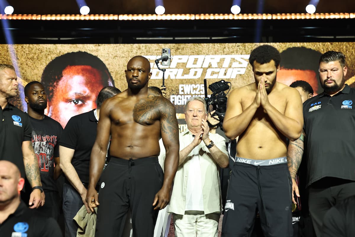 Dillian Whyte and Moses Itauma during the weigh-in ahead of their boxing bout in Riyadh, Saudi Arabia