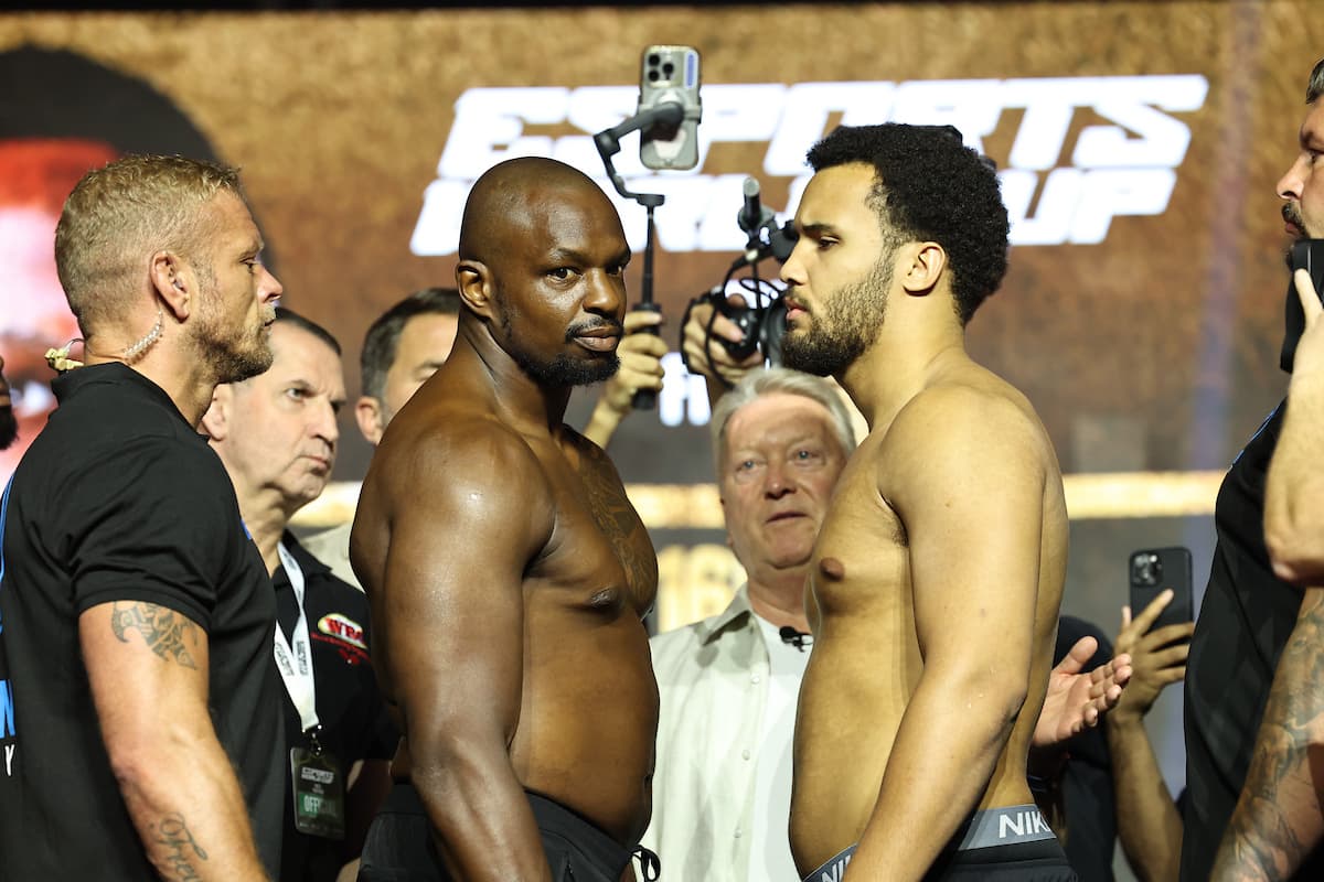 Dillian Whyte and Moses Itauma during the weigh-in ahead of their boxing bout in Riyadh, Saudi Arabia
