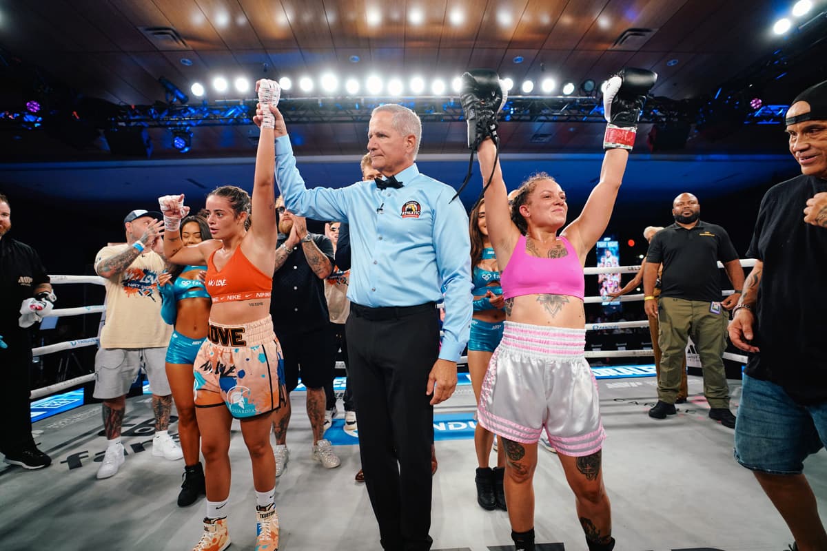 Natalie Dove defeats Randee Lynn Morales during their boxing bout at Caribe Royale Orlando