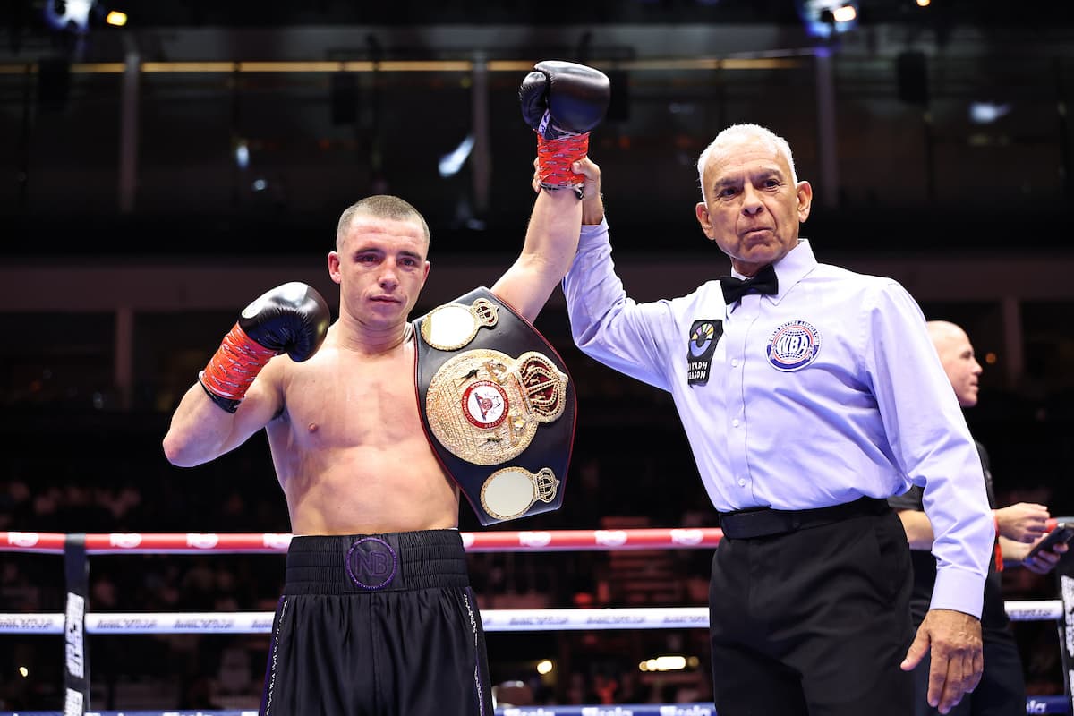 Nick Ball defeats Sam Goodman during their boxing bout in Riyadh, Saudi Arabia