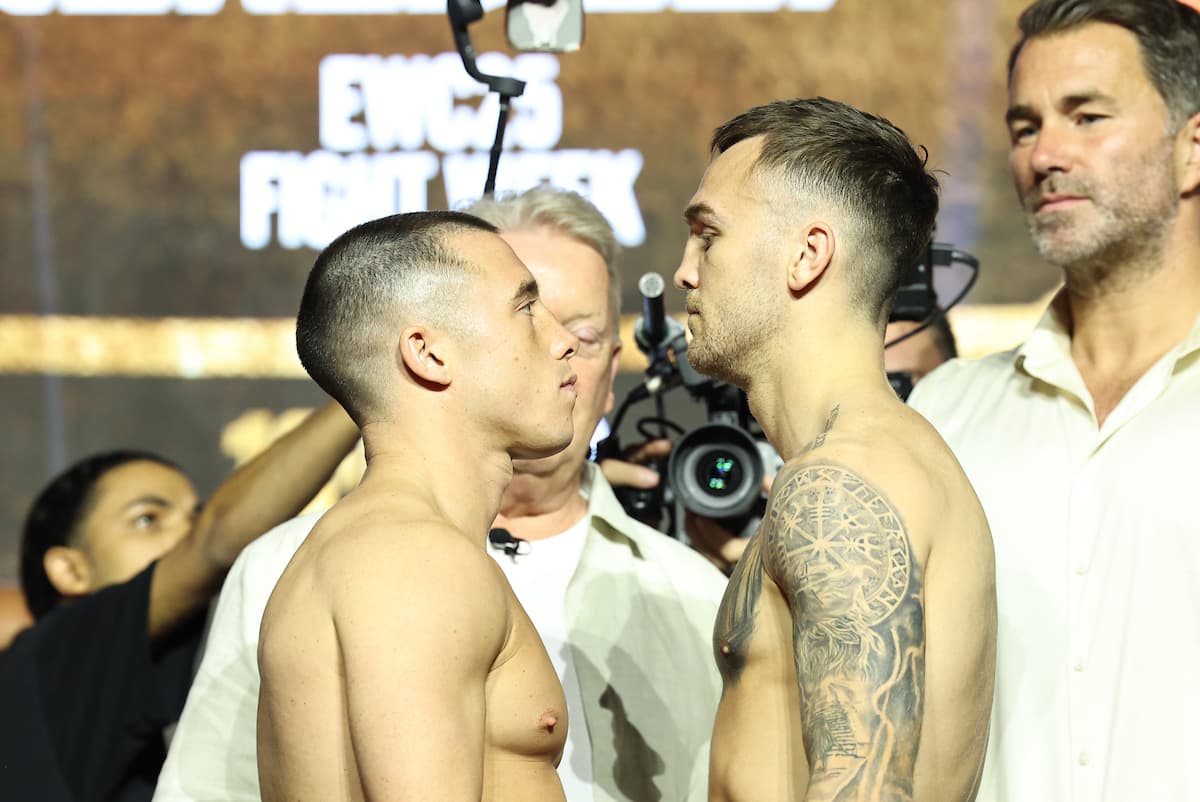 Nick Ball and Sam Goodman during the weigh-in ahead of their boxing bout in Riyadh, Saudi Arabia