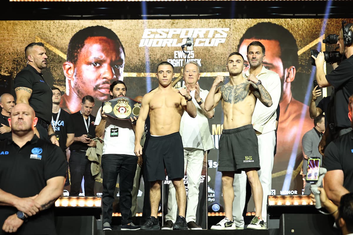 Nick Ball and Sam Goodman during the weigh-in ahead of their boxing bout in Riyadh, Saudi Arabia