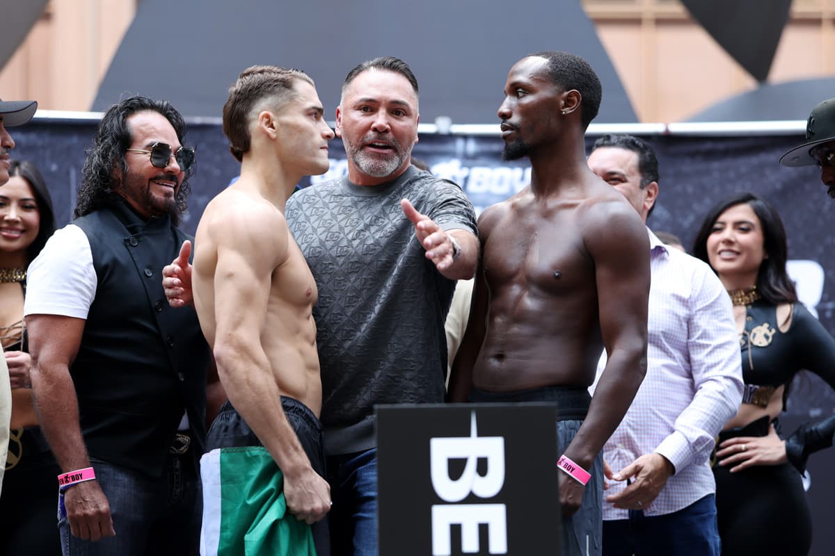 Oscar Duarte and Kenneth Sims Jr. face off during the weigh-in ahead of their boxing bout in Chicago
