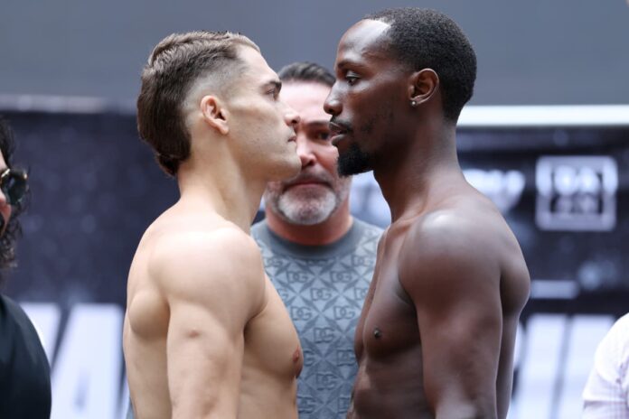 Oscar Duarte and Kenneth Sims Jr face off at the weigh-in, ahead of their boxing bout in Chicago