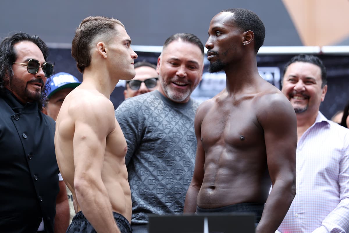 Oscar Duarte and Kenneth Sims Jr. face off during the weigh-in ahead of their boxing bout in Chicago