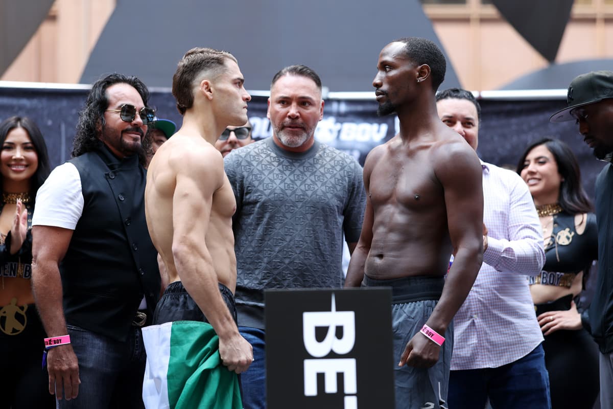 Oscar Duarte and Kenneth Sims Jr. face off during the weigh-in ahead of their boxing bout in Chicago