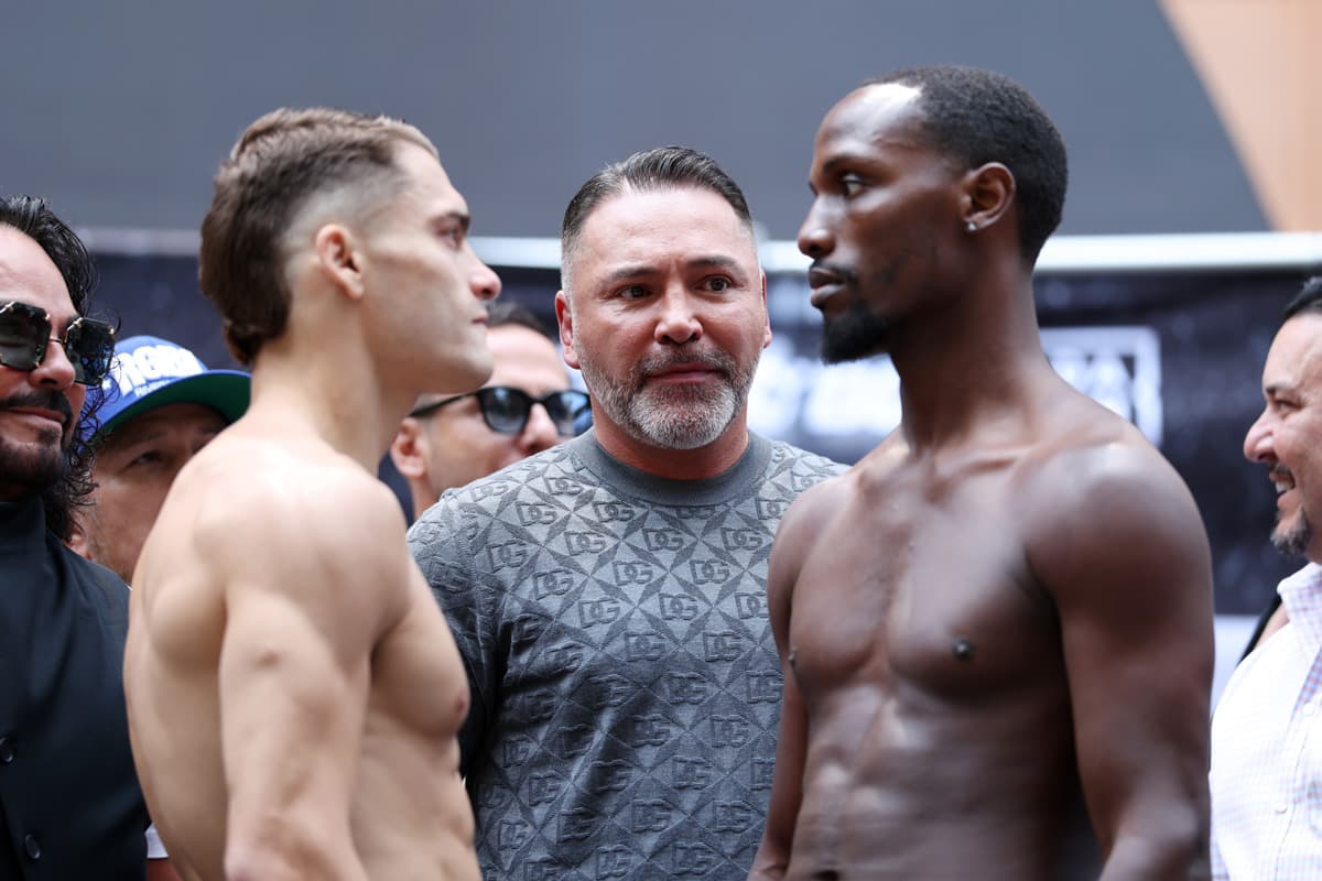 Oscar Duarte and Kenneth Sims Jr. face off during the weigh-in ahead of their boxing bout in Chicago