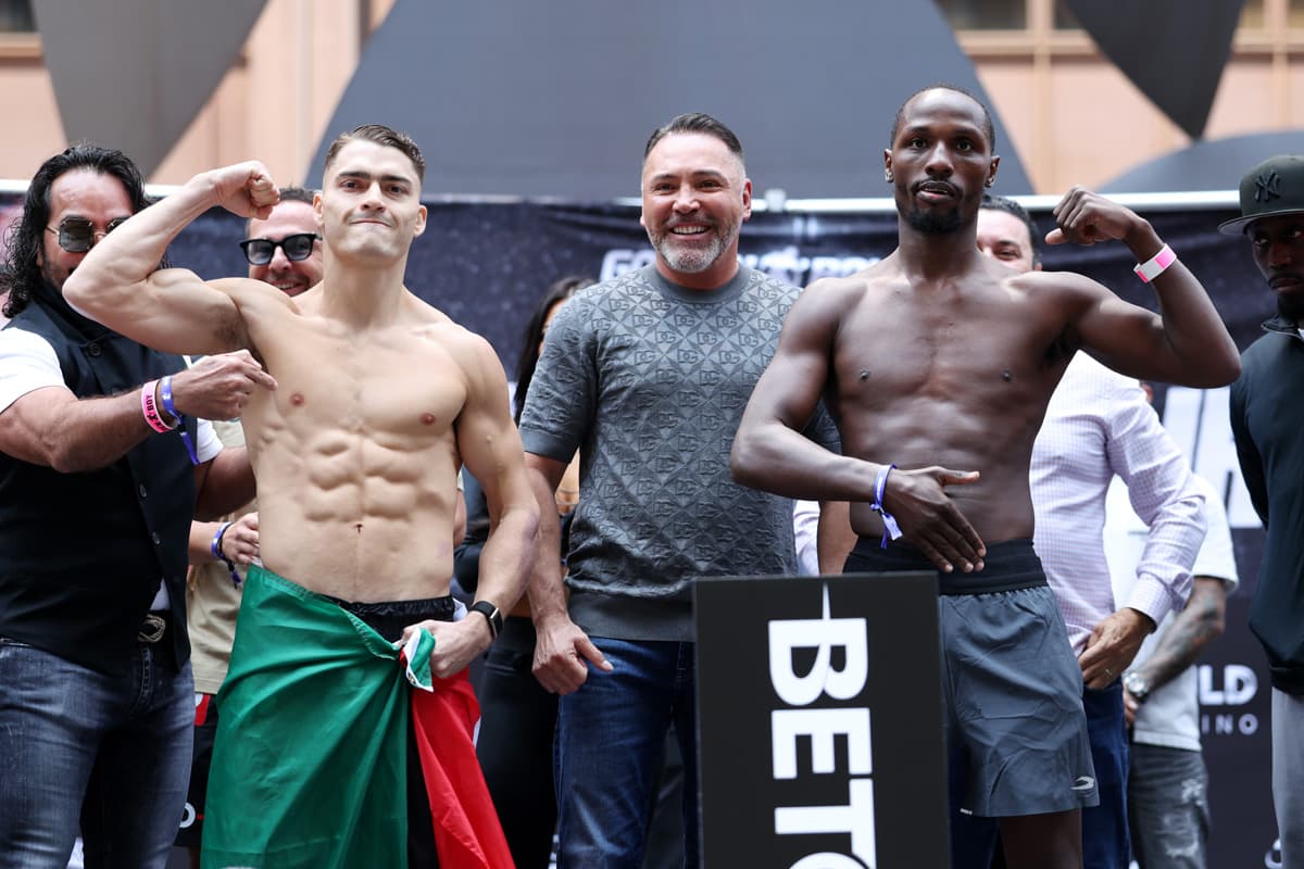 Oscar Duarte and Kenneth Sims Jr. during the weigh-in ahead of their boxing bout in Chicago