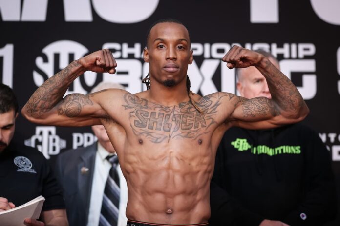 O'Shaquie Foster during the weigh-in ahead of his boxing bout