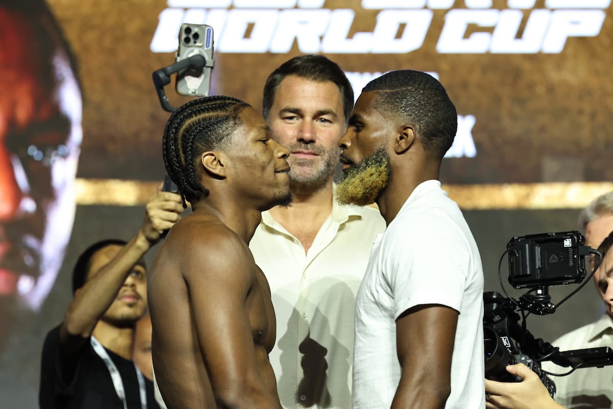 Raymond Ford and Abraham Nova during the weigh-in ahead of their boxing bout in Riyadh, Saudi Arabia