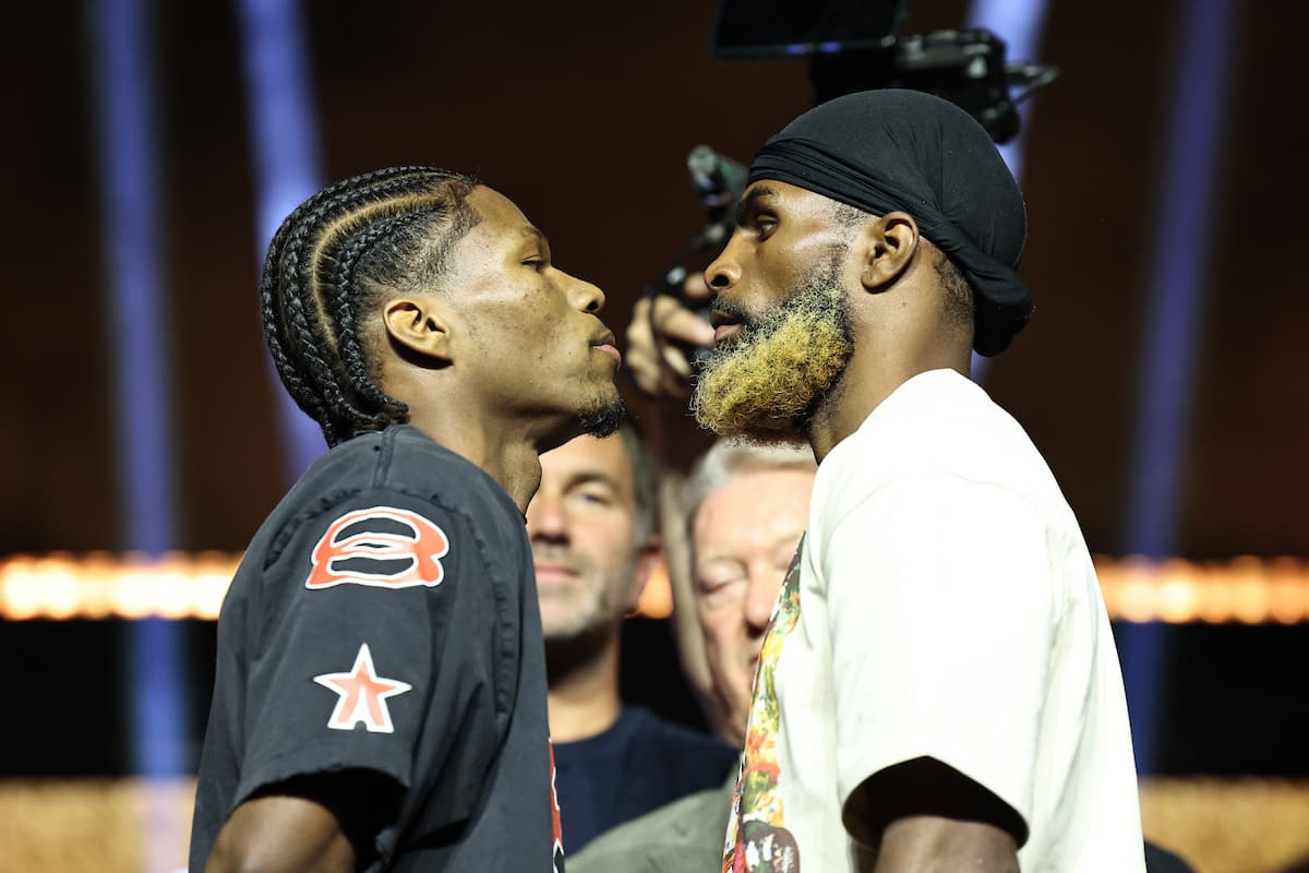 Raymond Ford and Abraham Nova during the press conference ahead of their boxing bout in Riyadh, Saudi Arabia