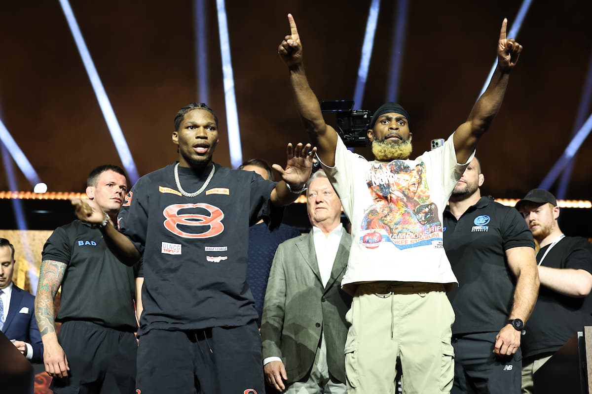 Raymond Ford and Abraham Nova during the press conference ahead of their boxing bout in Riyadh, Saudi Arabia