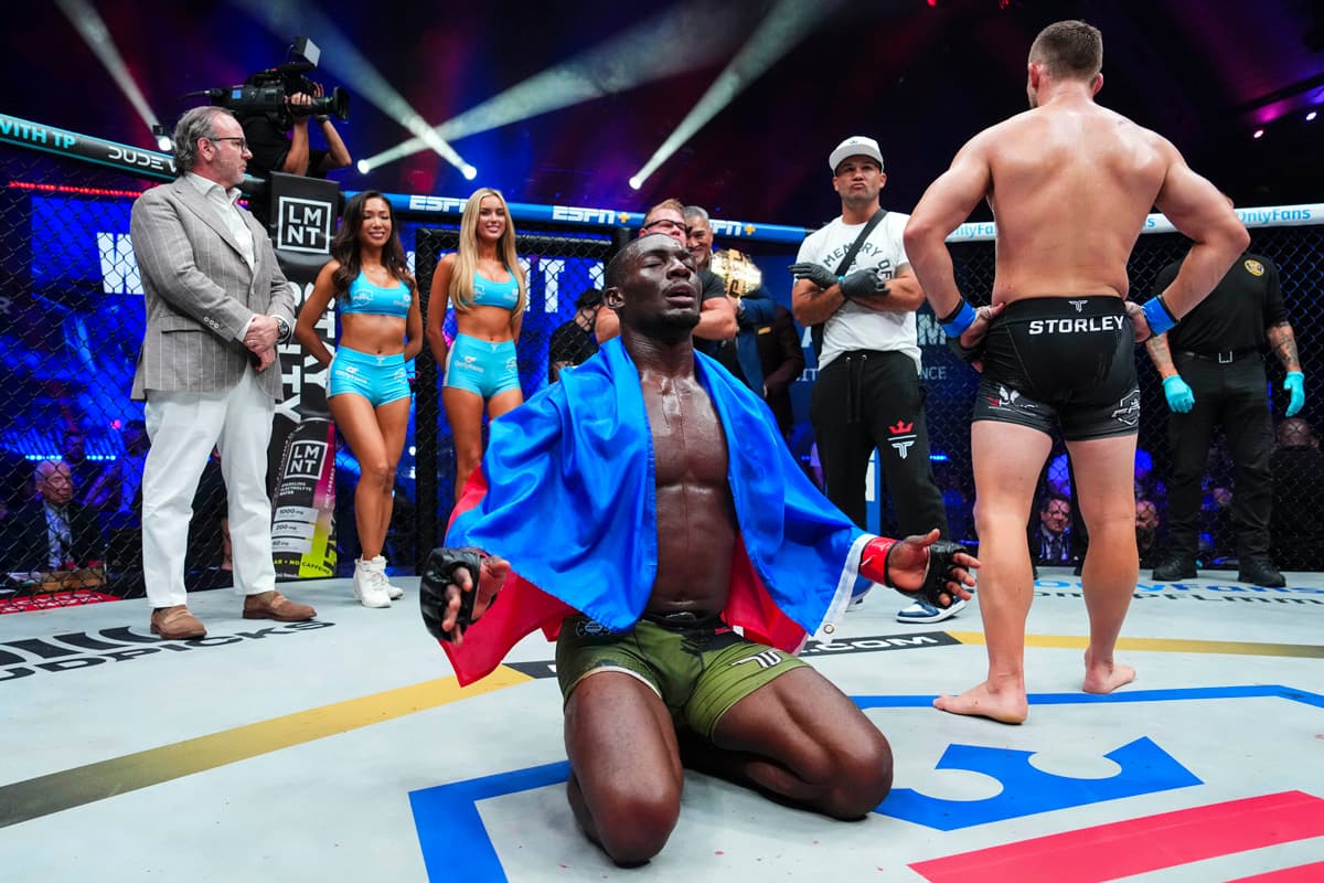 Thad Jean celebrates his victory over Logan Storley at PFL 8 in Atlantic City