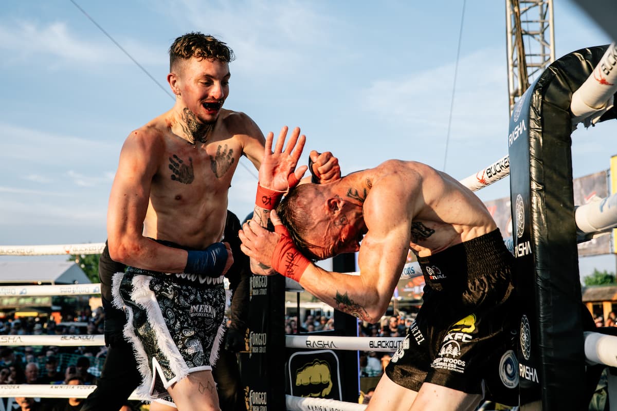 Traevon Kroger dominates Daniel Pettit during their bare-knuckle boxing bout at the Legendary Sturgis Buffalo Chip in Sturgis, SD