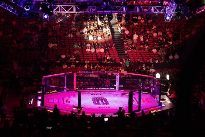 UFC Octagon setup at the arena before fight night