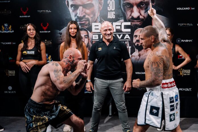 Wilhelm Ott and Vaso Bakocevic face off at the BKFC Budva weigh-in
