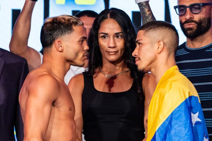 Yankiel Rivera and Angelino Cordova face off at the weigh-in, ahead of their boxing bout at Caribe Royale Orlando