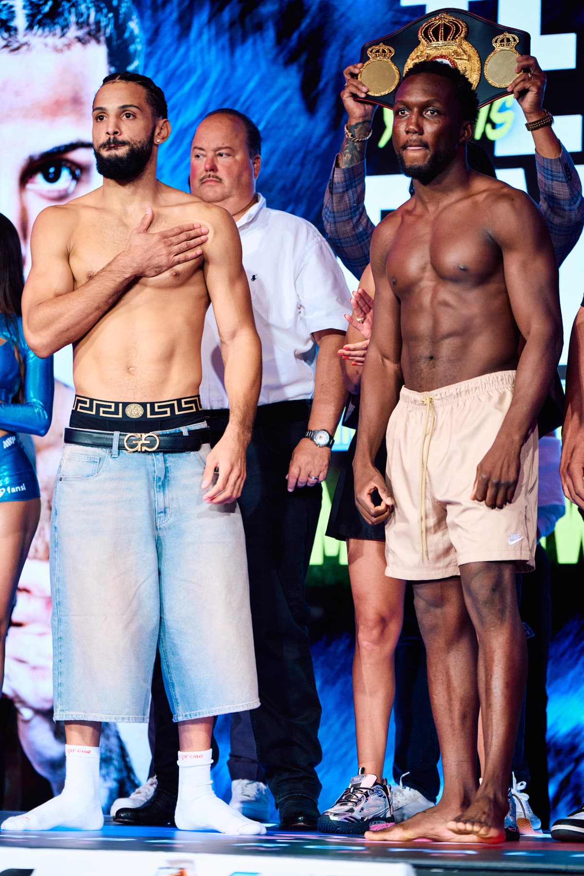Yoenis Tellez and Abass Baraou during the weigh-in ahead of their boxing bout at Caribe Royale Orlando