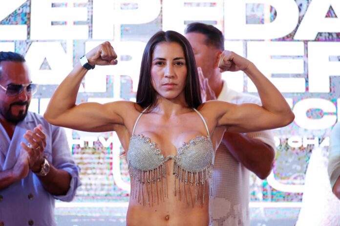 Yokasta Valle during the weigh-in ahead of her boxing bout against Marlen Esparza