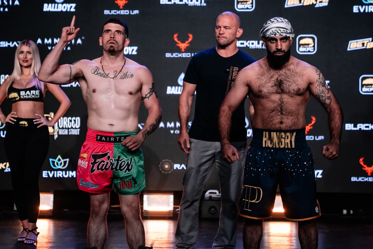 Zach Pannell and Hasan Al-Ghanim during the BKFC Edmonton weigh-in